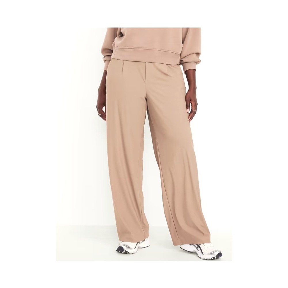 Old Navy Large T SleekTech High Waist Wide Leg Trousers Tan Khaki Pleated Pants